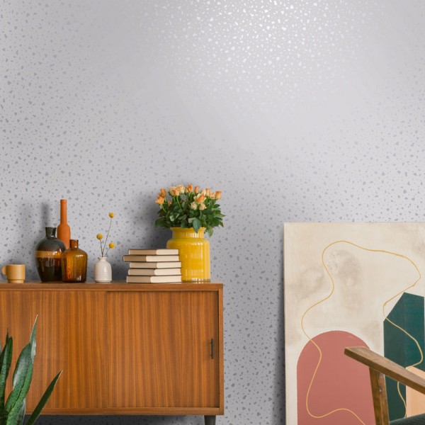 Papel de parede de imitação de terrazzo prateado e cinza