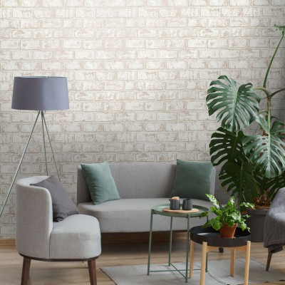 Papel de parede de efeito tijolo bege com efeito envelhecido de cobre metálico 2