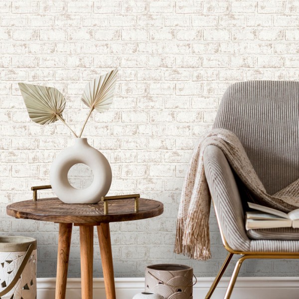 papel pintado imitación ladrillo beige con cobre metalizado