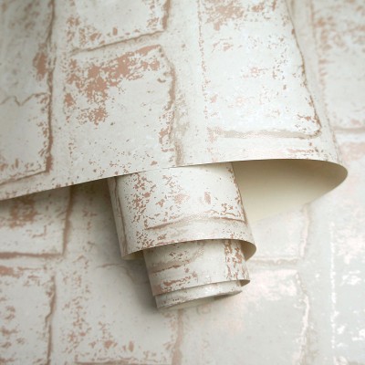 Papel de parede de efeito tijolo bege com efeito envelhecido de cobre metálico