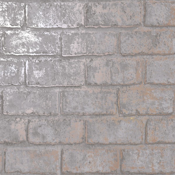 Papel de parede de imitação de tijolo cinza com efeito de cobre metálico desgastado