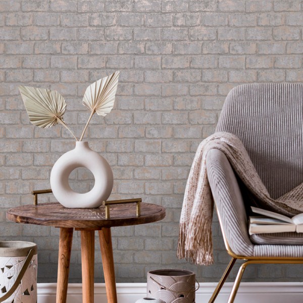 Papel de parede de imitação de tijolo cinza com efeito de cobre metálico desgastado Papel de parede de imitação de tijolo cinza com efeito de cobre metálico desgastado