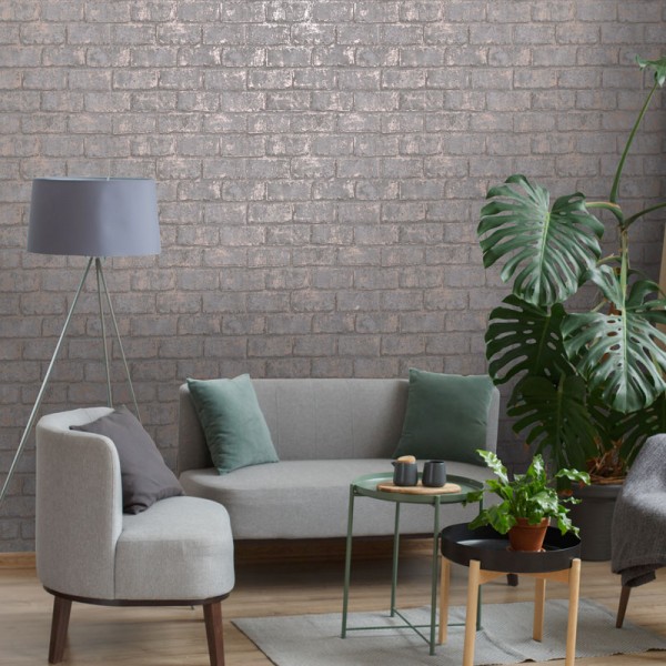 Papel de parede de imitação de tijolo cinza com efeito de cobre metálico desgastado Papel de parede de imitação de tijolo cinza com efeito de cobre metálico desgastado