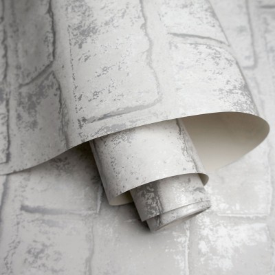papel pintado imitación ladrillo gris con plata efecto desgastado