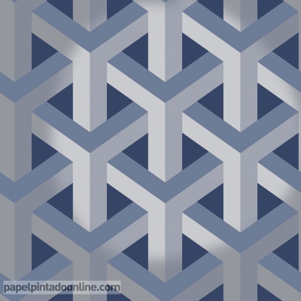 Papel de parede de efeito 3D geométrico em azul e prata decoração moderna