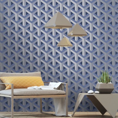Papel de parede de efeito 3D geométrico em azul e prata decoração moderna