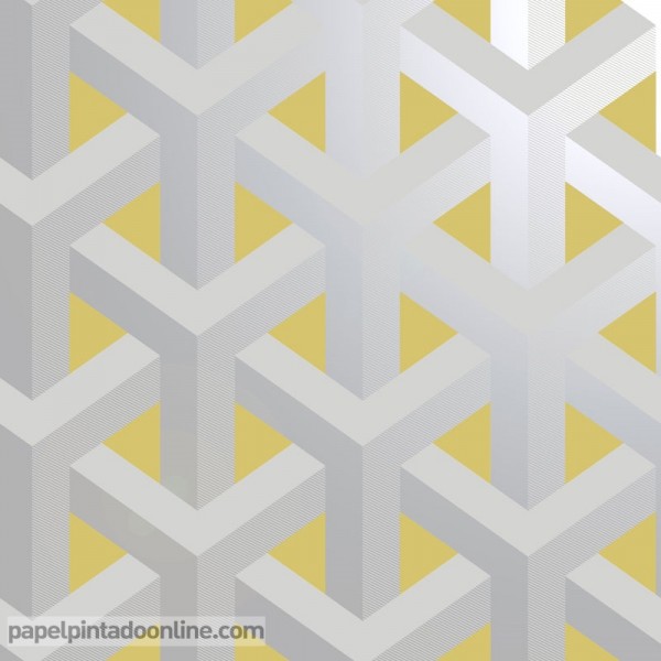 papel de parede efeito 3d geometrico amarelo e prata 12811