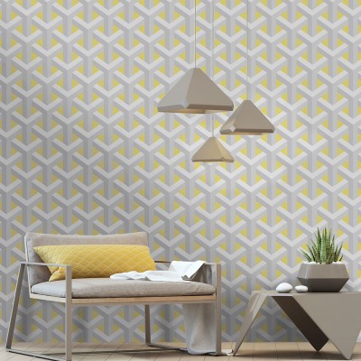 papel de parede efeito 3d geometrico amarelo e prata 12811