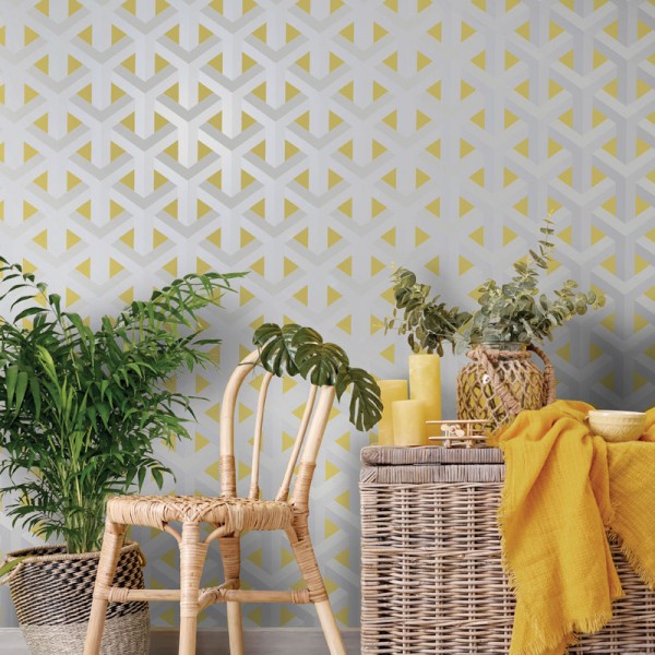 papel de parede efeito 3d geometrico amarelo e prata 12811