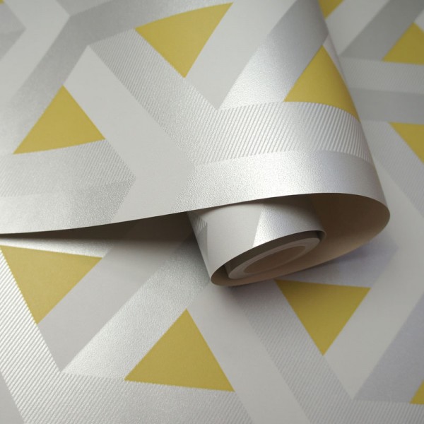 papel de parede efeito 3d geometrico amarelo e prata 12811