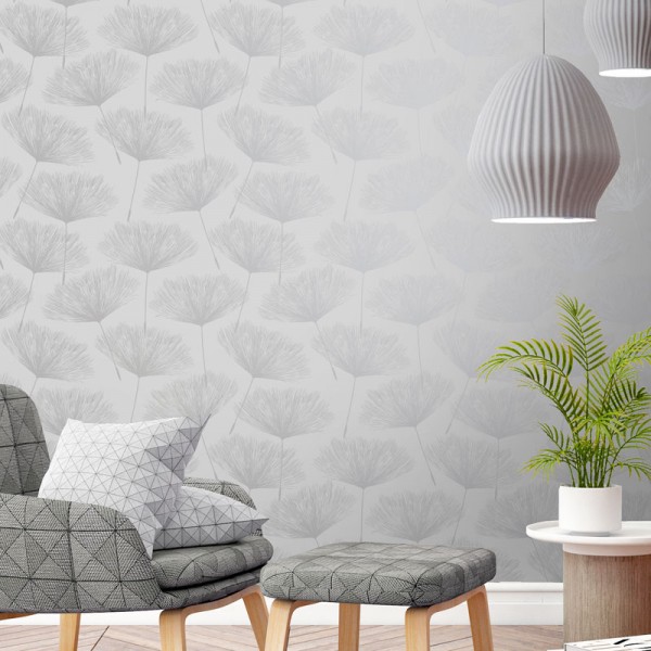 papel de parede de flores dente de leão prata e fundo cinza