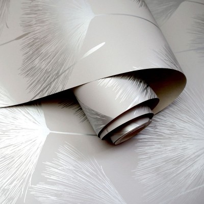 papel pintado flores diente de león plateadas fondo gris