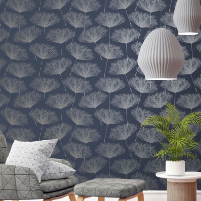 papel pintado con flores plateadas fondo azul marino 12922