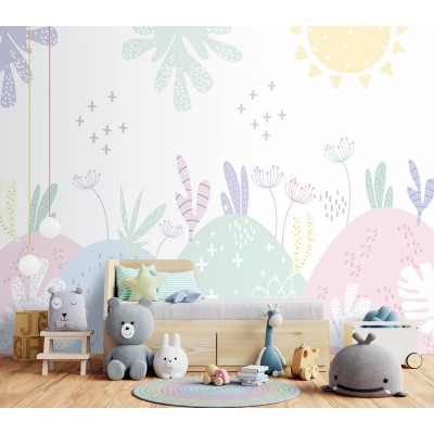 mural infantil amb muntanyes paisatge natural amb colors pastels per a una decoració nòrdica