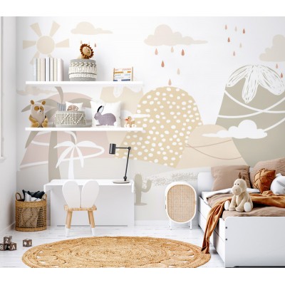 mural infantil com paisagem natural de montanhas tonalidade bege e marrom 2