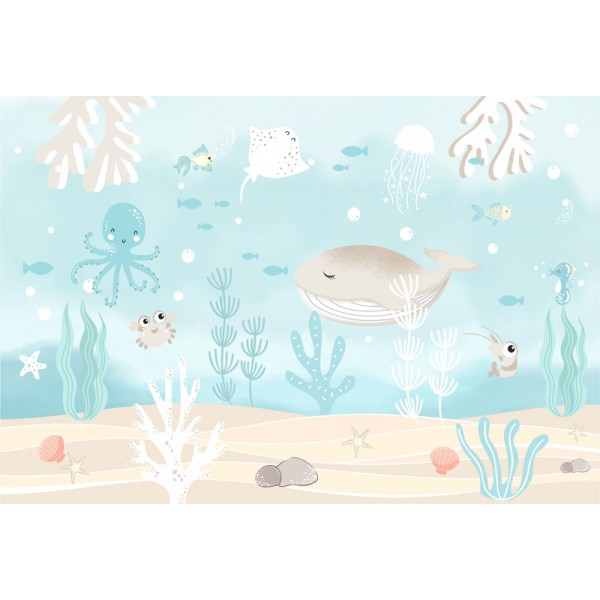 mural infantil mundo marinho com animais e natureza
