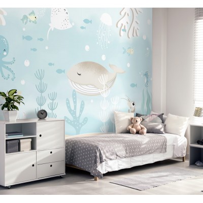 mural infantil món marí amb animals i naturalesa
