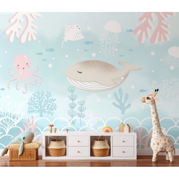 mural infantil mundo marinho com animais e natureza rosa