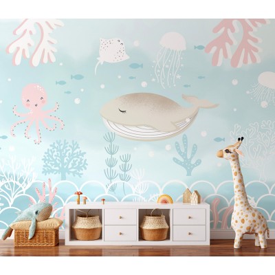 mural infantil mundo marinho com animais e natureza rosa