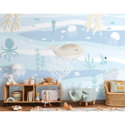 mural infantil mundo marino naturaleza y animales en el fondo del mar ilustración fabricada en papel pintado 2