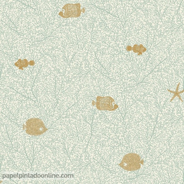 papel de parede peixes dourados fondo com corais cinza esverdeado