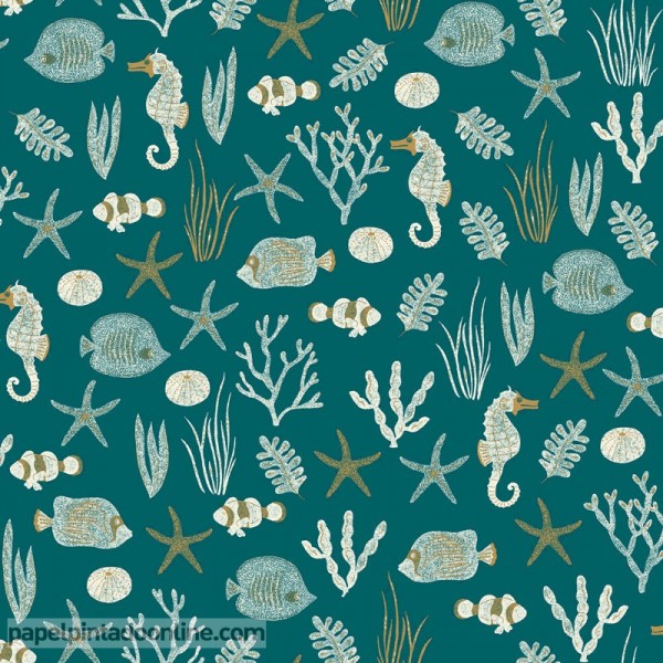 papel pintado naturaleza marina con estrellas de mar, caballitos y corales