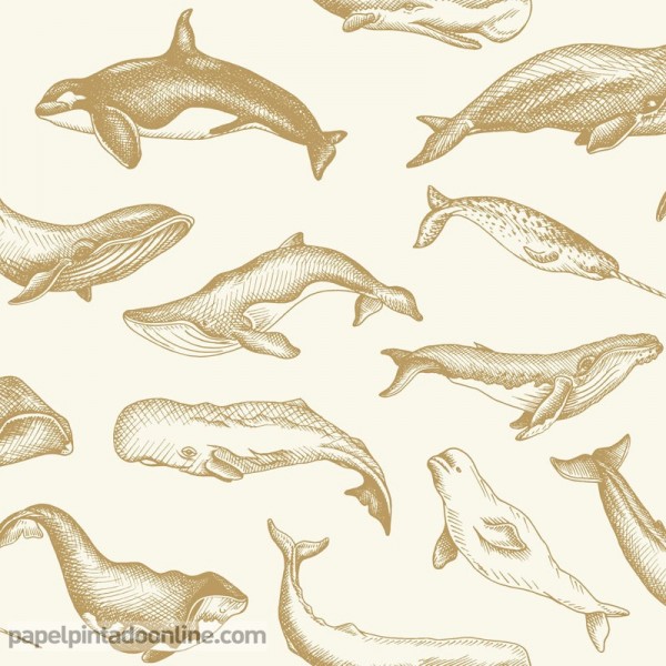 Papel de parede de baleias douradas, decoração de casas de banho elegante com papéis de parede de vinil