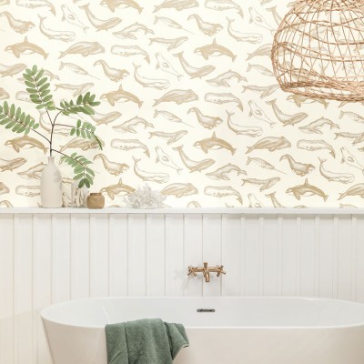 papel pintado ballenas doradas, decoración elegante para baño con papeles pintados vinílicos