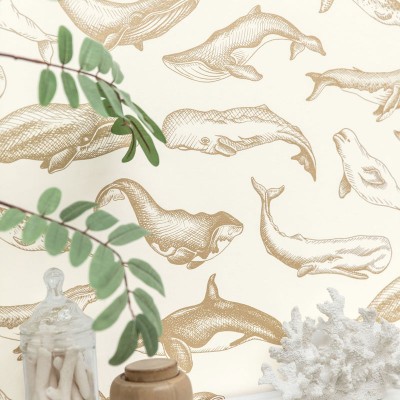 papel pintado ballenas doradas, decoración elegante para baño con papeles pintados vinílicos