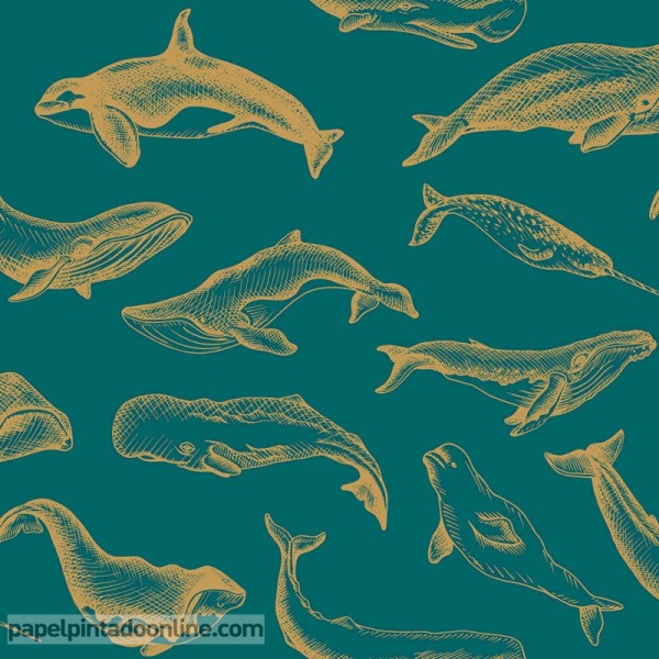 papel pintado ballenas doradas fondo color azul verdoso, decoración elegante para baño con papeles pintados vinílicos