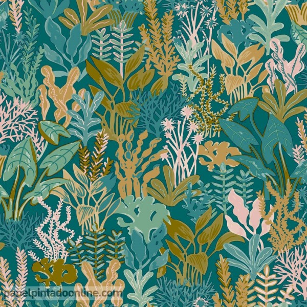 papel de parede de plantas marinhas verde, rosa, dourado, fundo azul