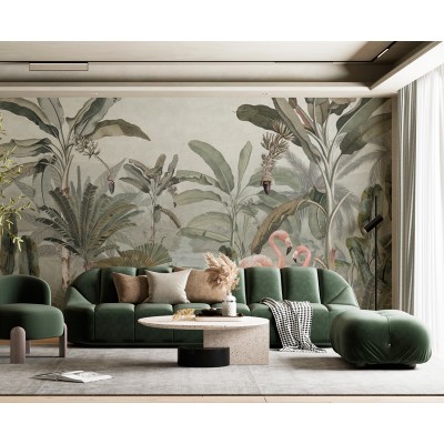 Mural paper pintat tropical palmeres tropicals amb flamencs roses 2