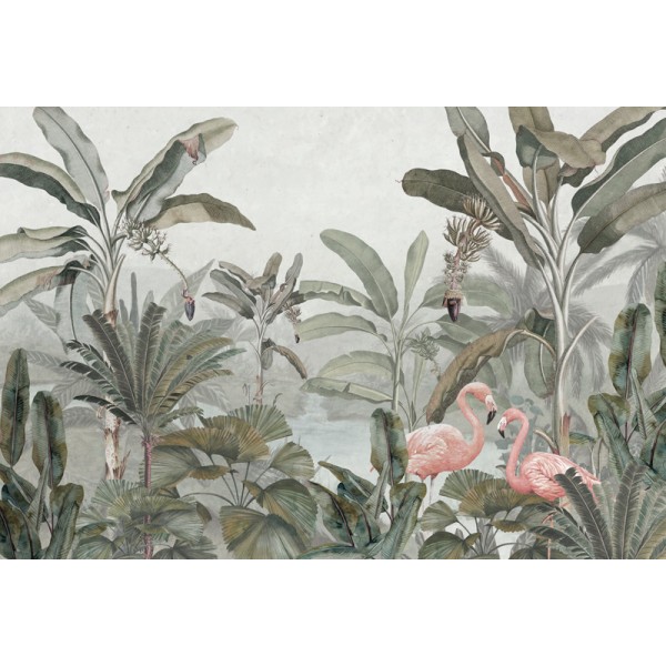 Mural papel pintado tropical palmeras tropicales con flamencos rosas