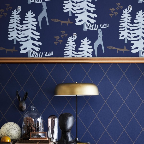 papel pintado geométrico dorado fondo azul marino estilo belle epoque colección Decor Maison