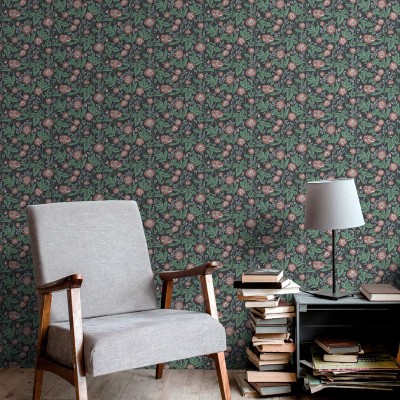 papel de parede com flores rosa vermelha belle epoque e folhas verdes 2