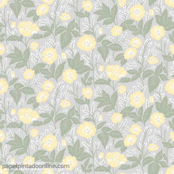 papel de parede com flores amarelas da Belle Époque e folhas verdes