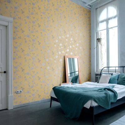 papel pintado con flores y pájaros, decoración botánica