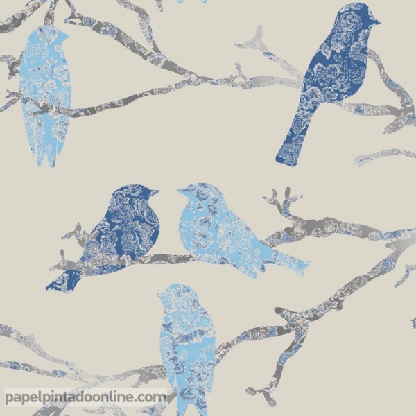 papel pintado con pájaros azules en ramas fondo beige
