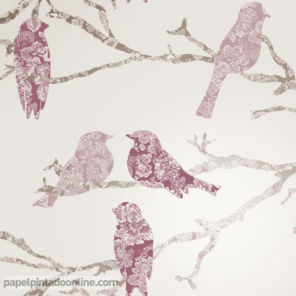 paper pintat amb ocells rosa i burdeus en branques fons perla
