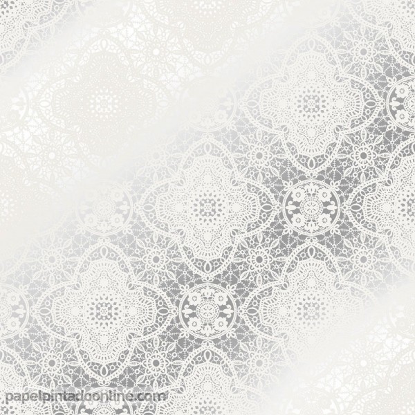 papel pintado crochet blanco fondo plateado