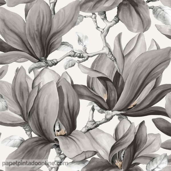 papel de parede floral beige e folhas prateadas