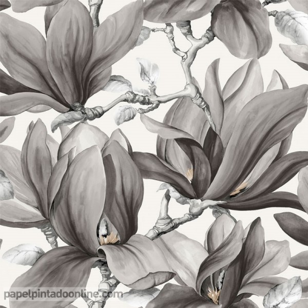 papel pintado flores beige con hojas plateadas