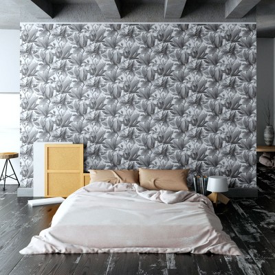 papel de parede floral beige e folhas prateadas 2