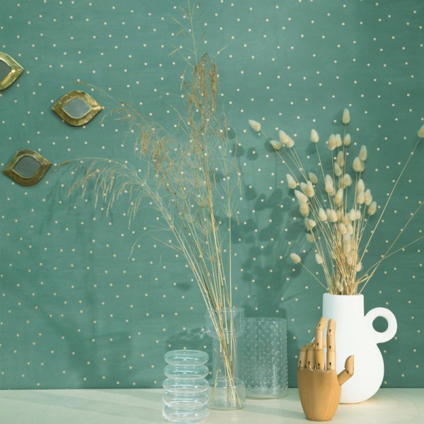 papel de parede com bolas douradas em fundo verde Imagination by Caselio