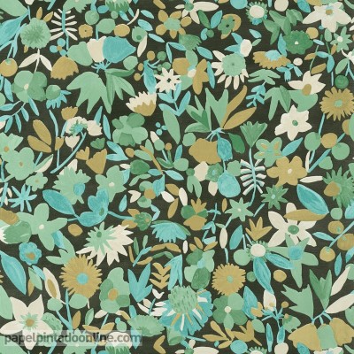 papel pintado con flores verde, azul y dorado en fondo negro