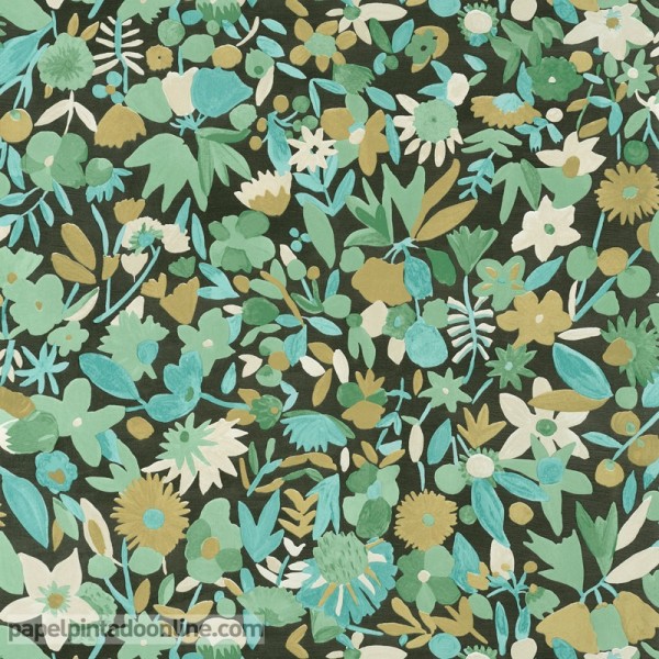 papel de parede com flores verde, azul e dourado em fundo preto