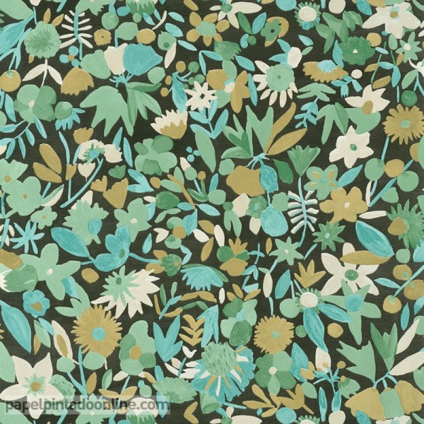 papel de parede com flores verde, azul e dourado em fundo preto