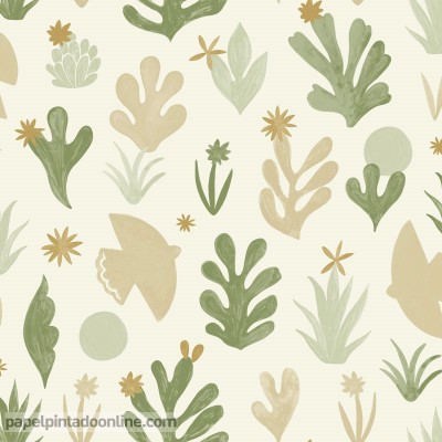 papel pintado con plantas marinas de color verde y beige para decoración moderna