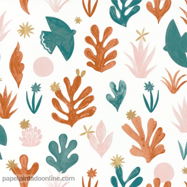 papel pintado con plantas marinas de color verde y naranja para decoración moderna