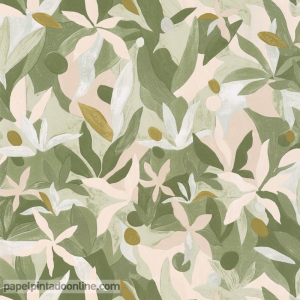 paper pintat fulles verd militar i beige decoració naturalesa artística